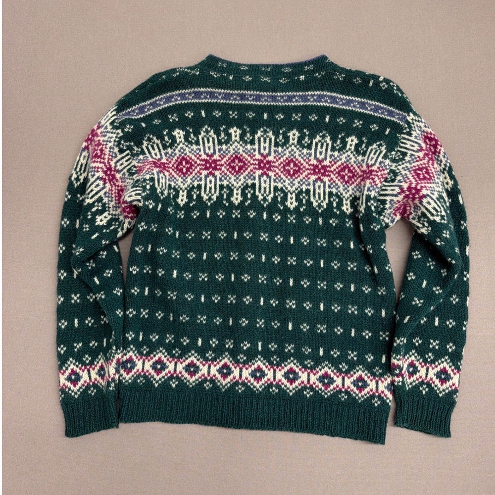 LL Bean Vintage Fair Isle Cardigan Sweater Green Pink Nordic Wool Blend USA Med - Picture 2 of 7